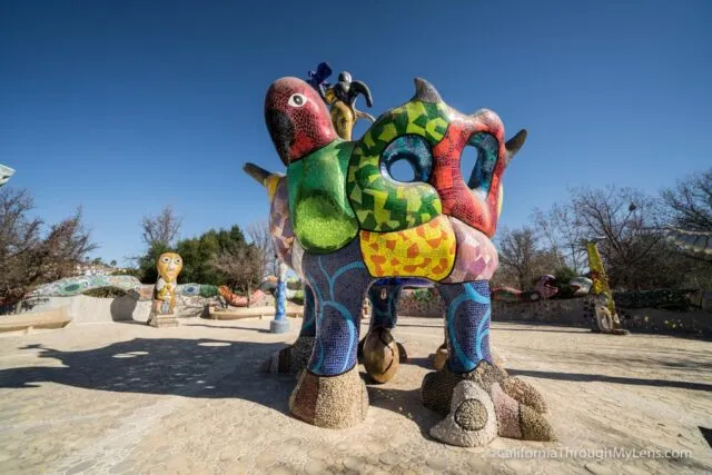 Colorful mosaic sculptures in Queen Califia's Magical Circle garden