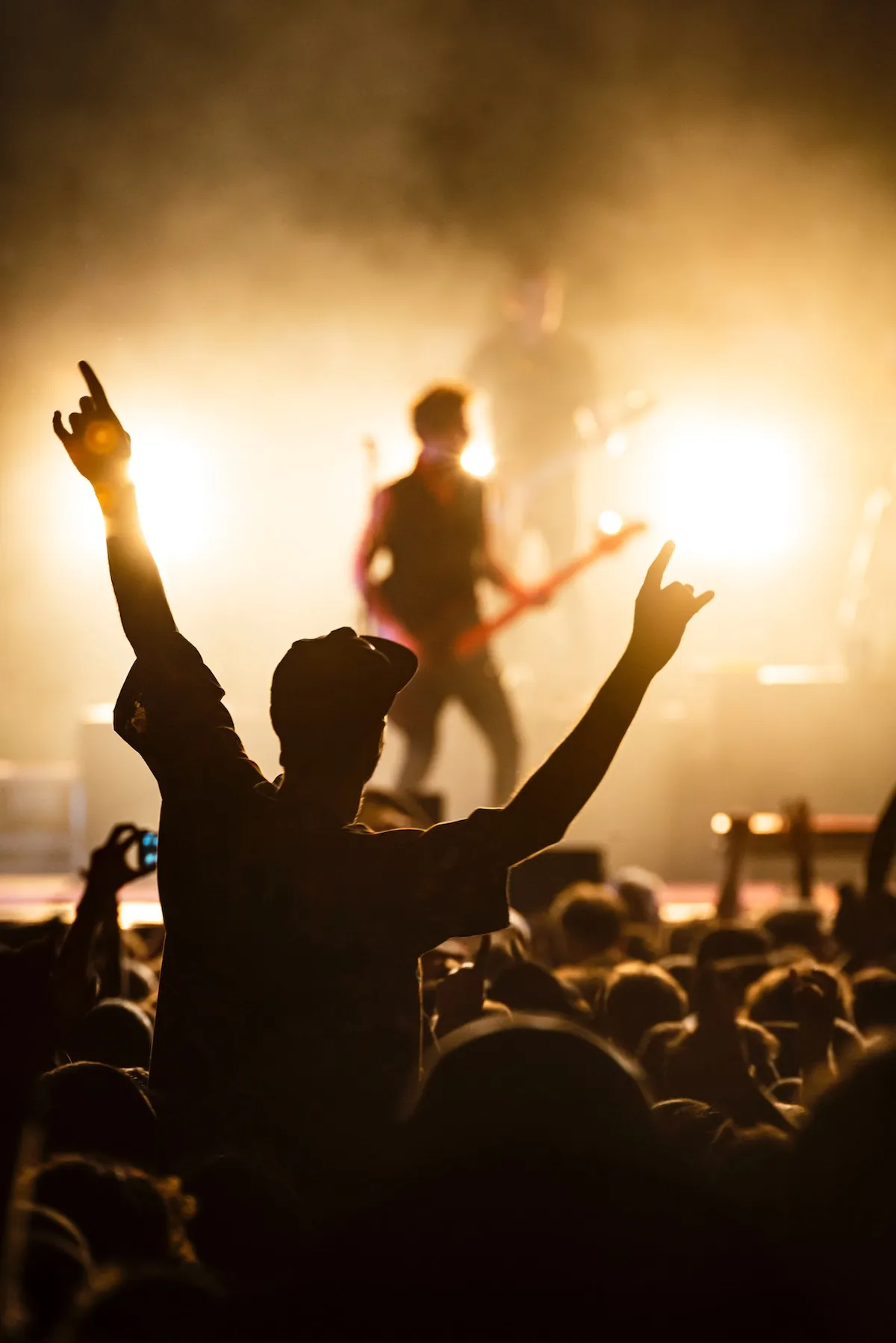 Concert-goers raising hands at a live music venue in New York, a popular way of going out in new york.