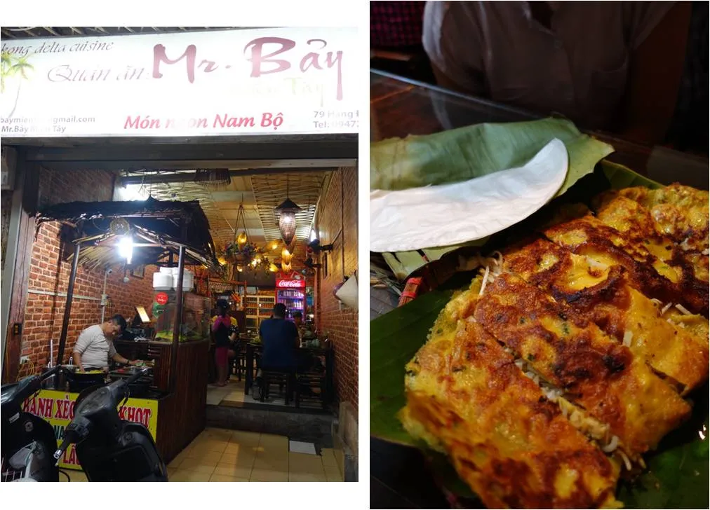 Crispy Banh Xeo pancake filled with prawns and beansprouts, served with fresh herbs and rice paper