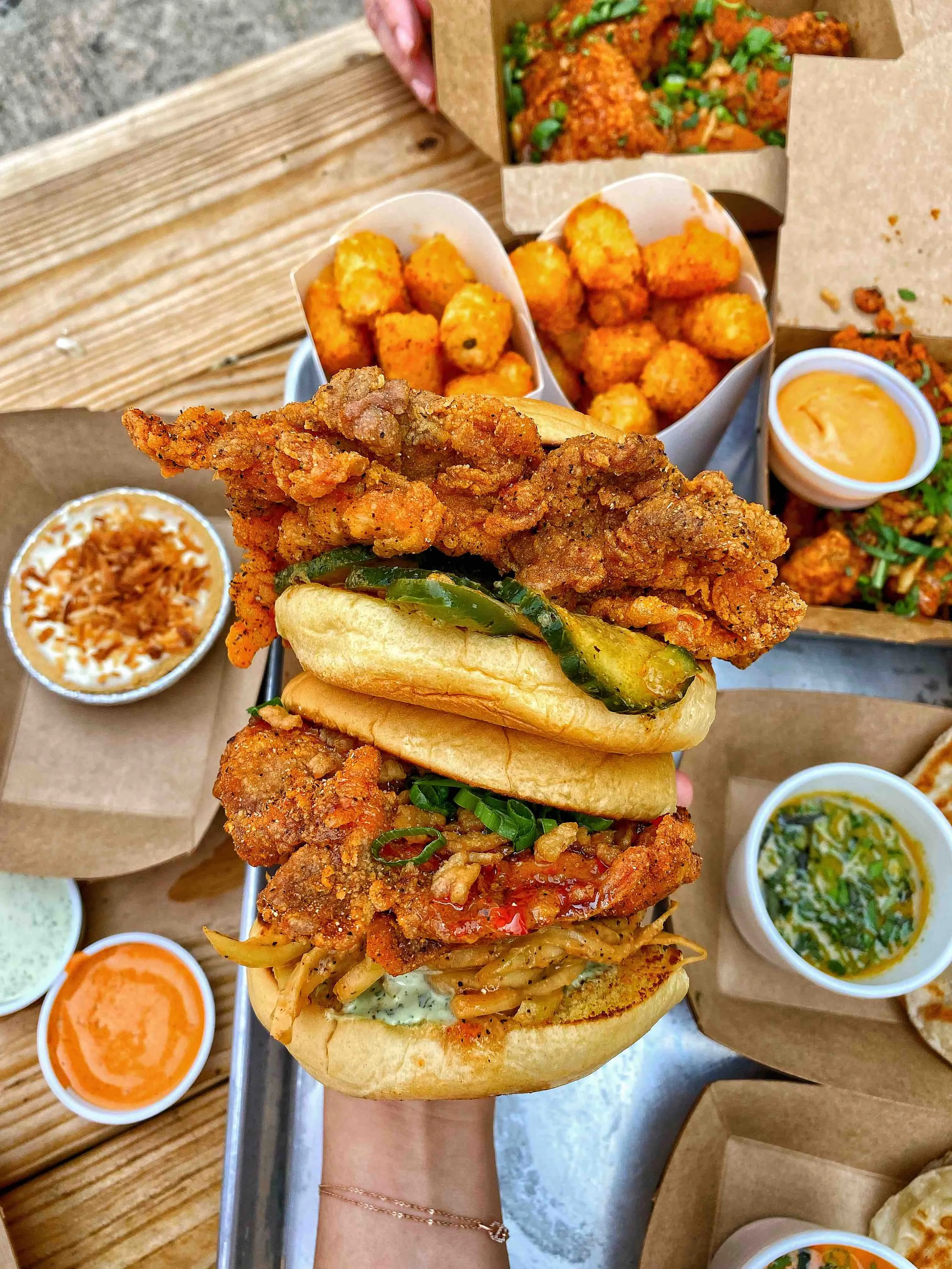 Crispy fried chicken sandwich from Spicy Boys food truck in Austin
