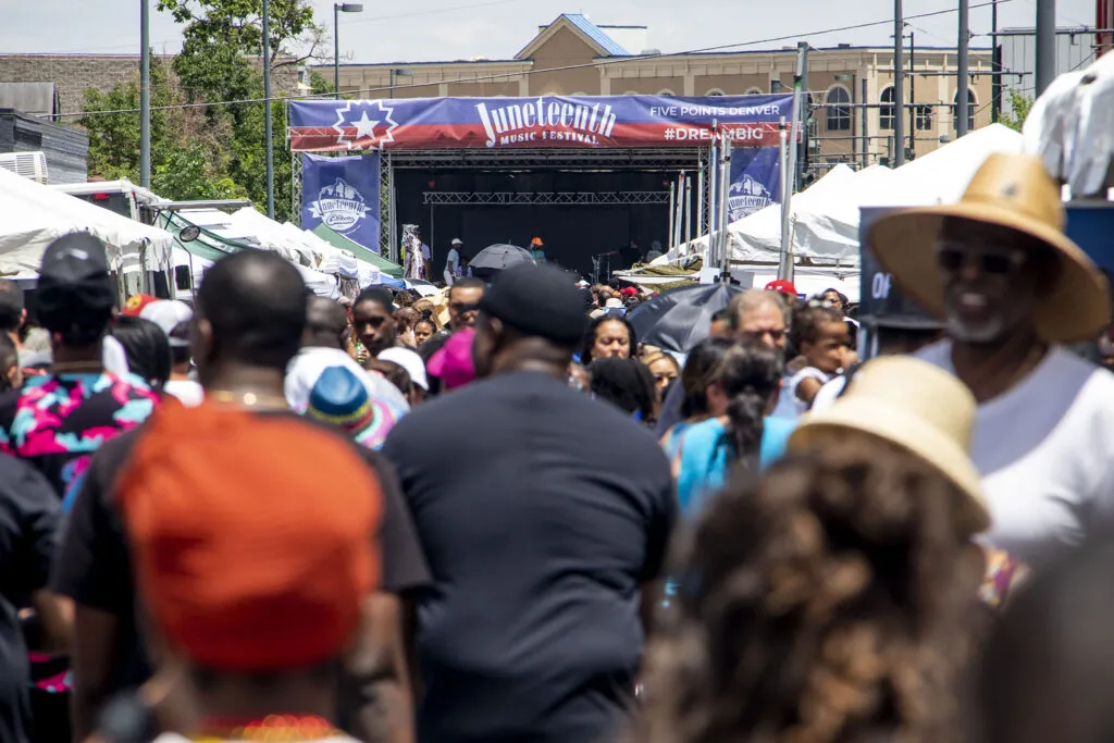 Crowd gathers for the Juneteenth colorado music festival in Denver's Five Points neighborhood