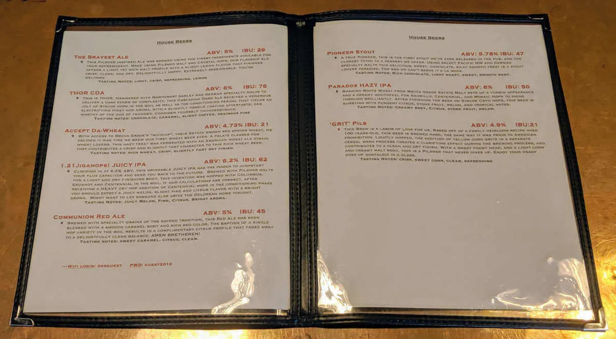 Defeat River Brewery beer menu board