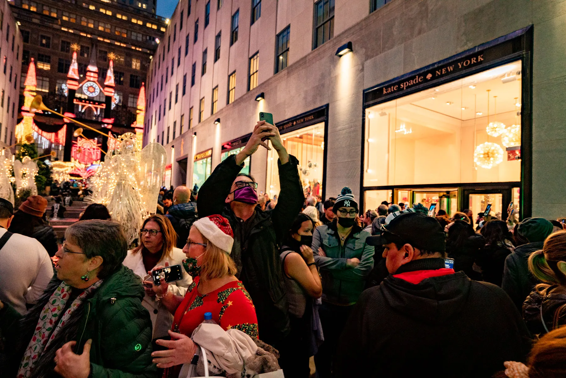 Dense crowds gathered near the Rockefeller Christmas Tree area in NYC