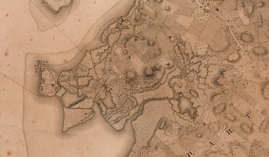 Detail showing Red Hood and Gowanus Creek, Plan of the City of New York in North America, surveyed in the years 1766 &amp; 1767. [1770]. Brooklyn Historical Society Map Collection.