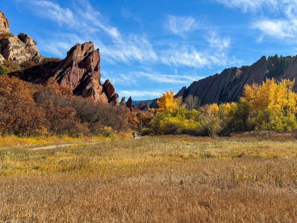 Dramatic red rock formations stand out in Roxborough State Park, Colorado