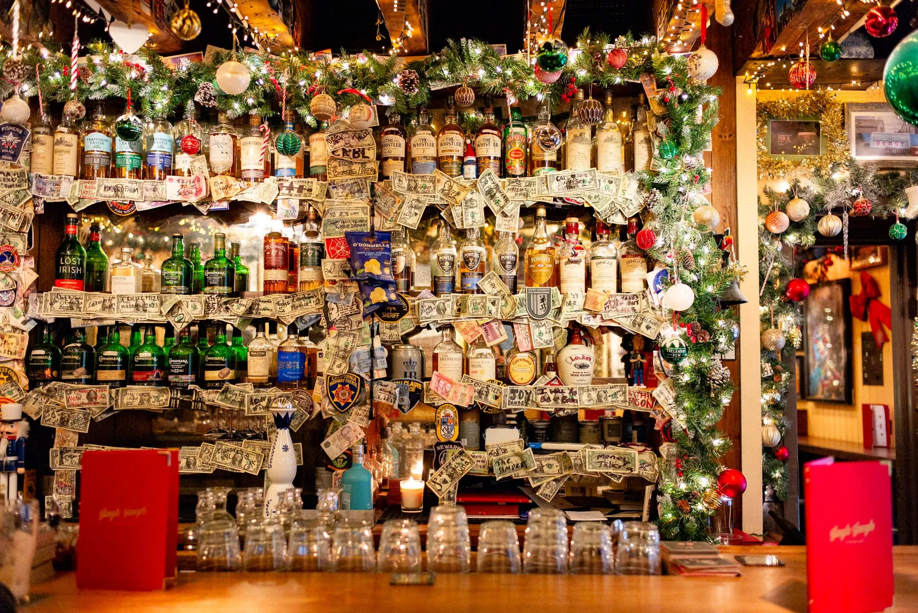 Elaborately decorated interior of a Christmas themed restaurant in NYC