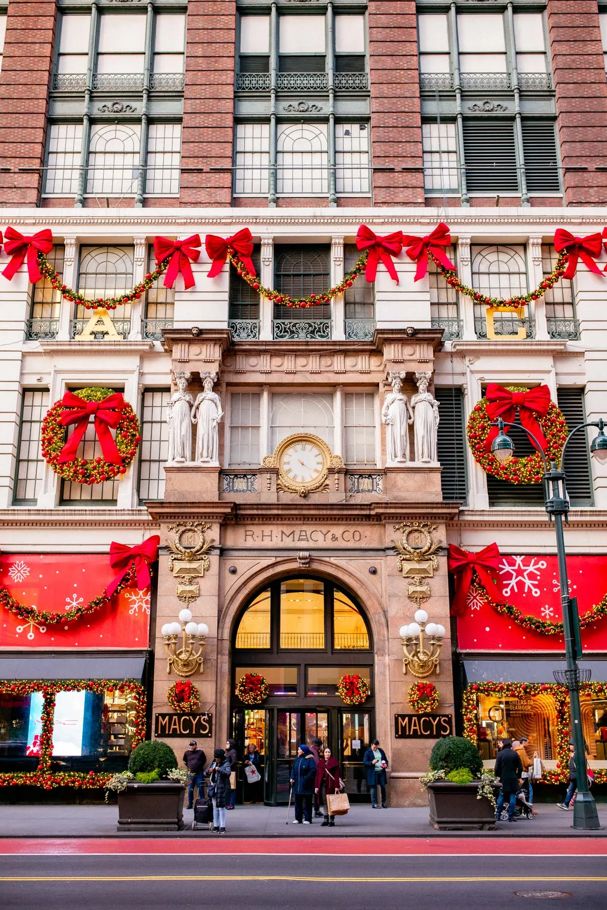 Exterior of Macy's Herald Square department store decorated for Christmas