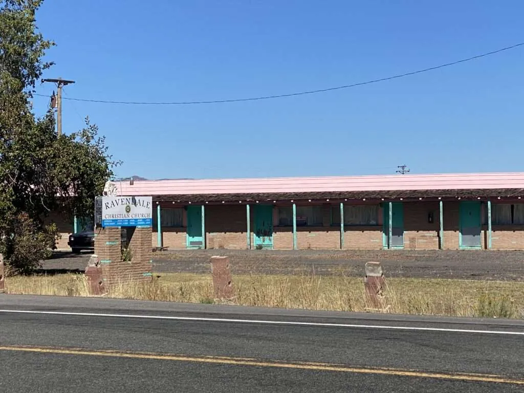 Exterior view of abandoned buildings in Ravendale, California ghost town