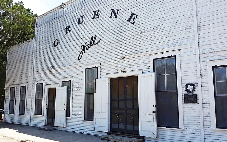 Exterior view of Gruene Hall, the oldest dance hall in Texas, located in the Gruene Historic District