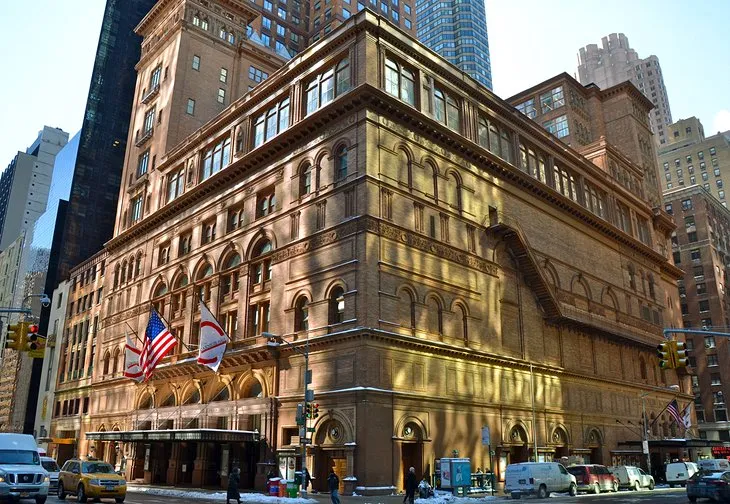 Exterior view of the historic Carnegie Hall concert venue in New York City.