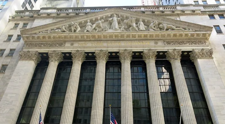 Exterior view of the New York Stock Exchange building on Wall Street.