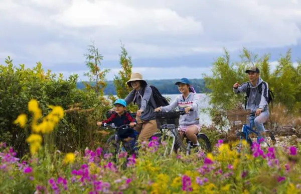 Family riding bikes Mission Point