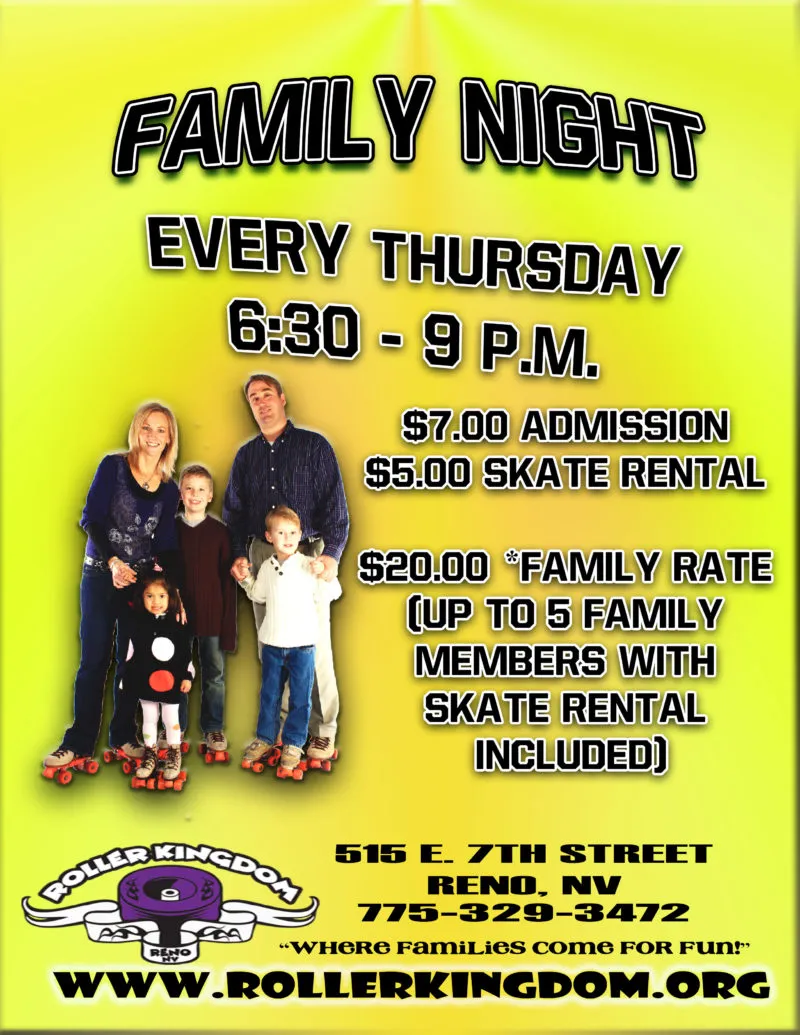 Family Skate Night poster, highlighting active reno activities