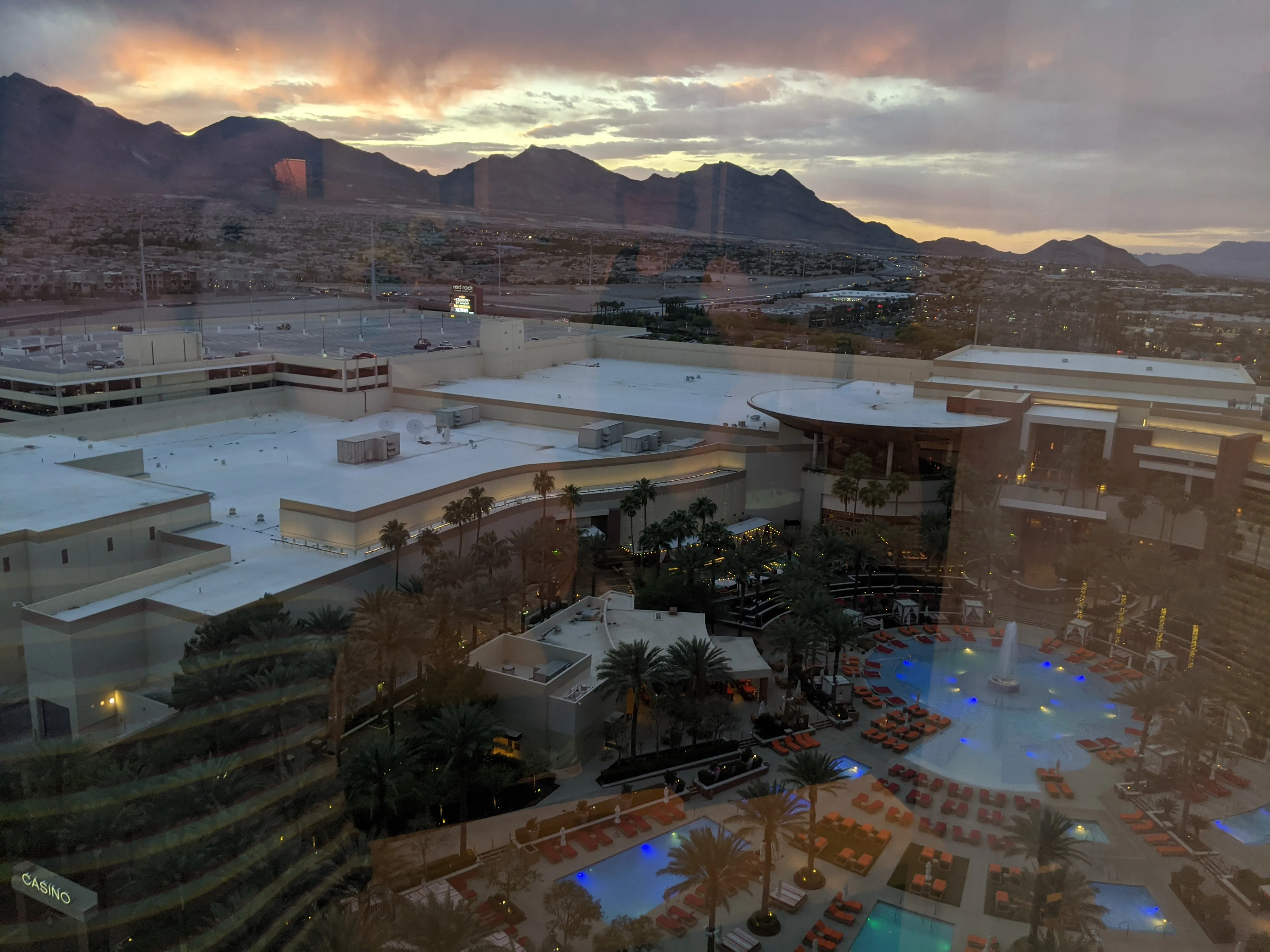 From a hotel room in the Red Rocks Resort overlooking the pool complex