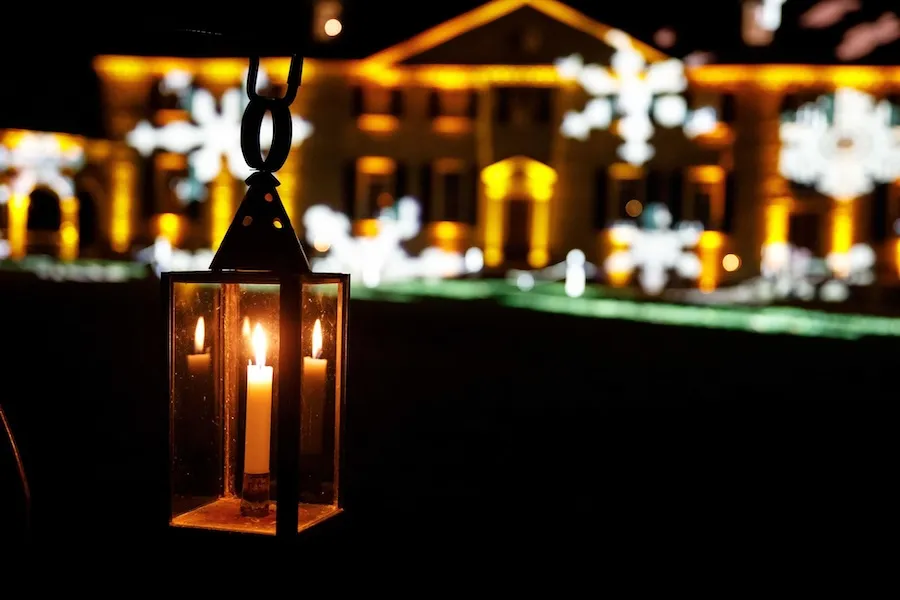 George Washington's Mount Vernon estate illuminated with festive lights at night