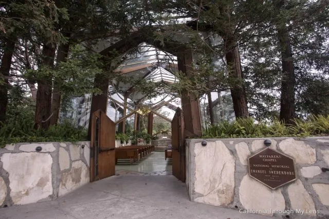 Glass chapel surrounded by trees with an ocean view in the background
