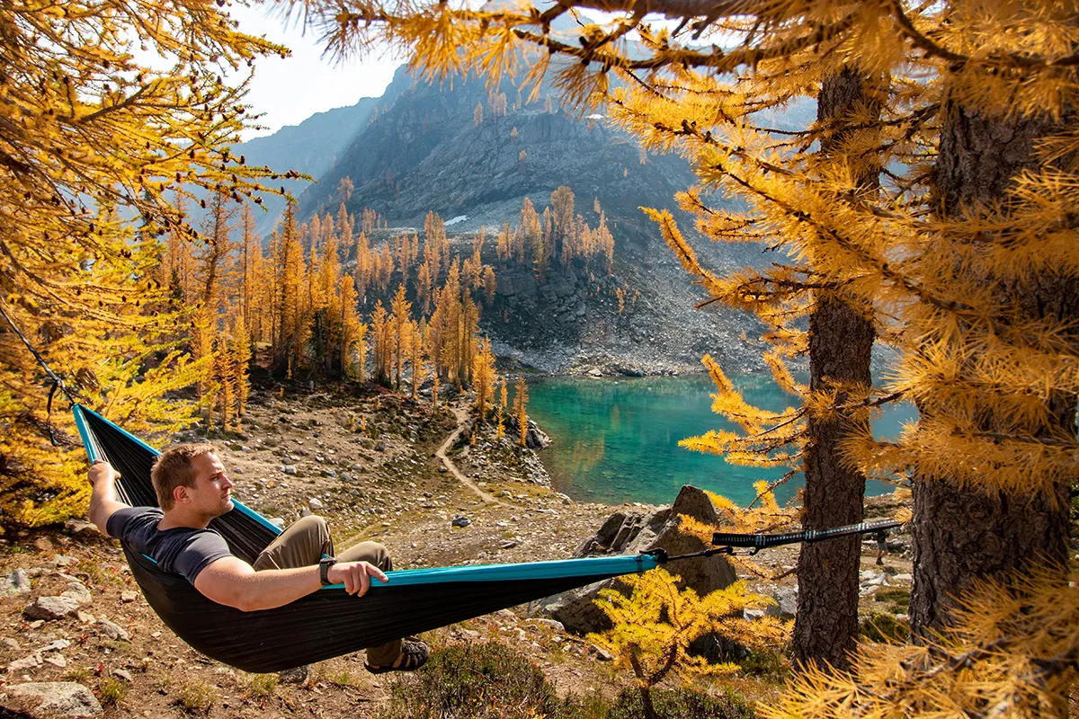 Hammock view overlooking Wing Lake on an overnight backpacking trip in Washington
