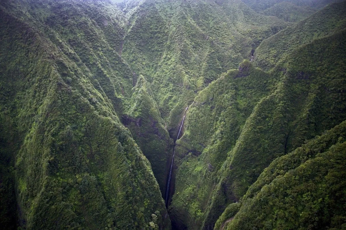 Hikers traversing a trail in a lush mountainous landscape with a waterfall in the background in Hawaii.