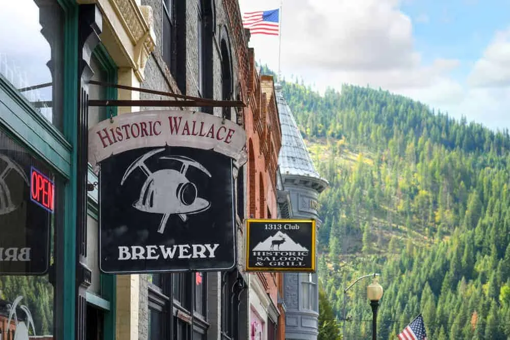 Historic brick buildings lining a street in downtown Wallace, Idaho
