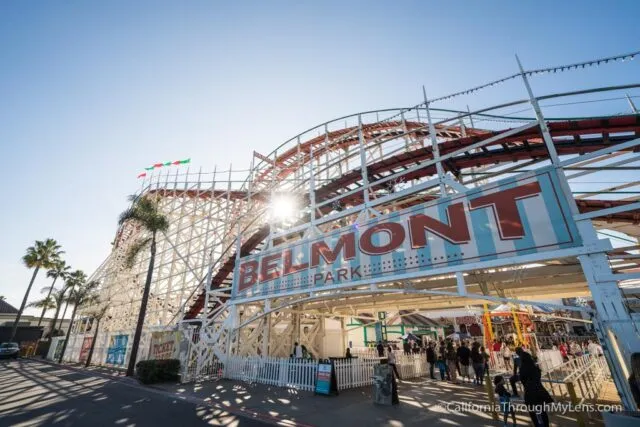 Historic Giant Dipper wooden roller coaster at Belmont Park by the beach