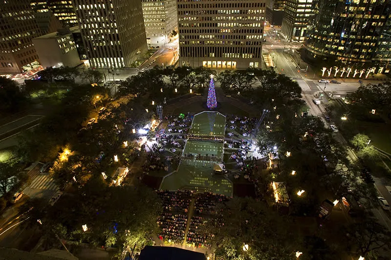 Historic Houston City Hall illuminated for the holidays