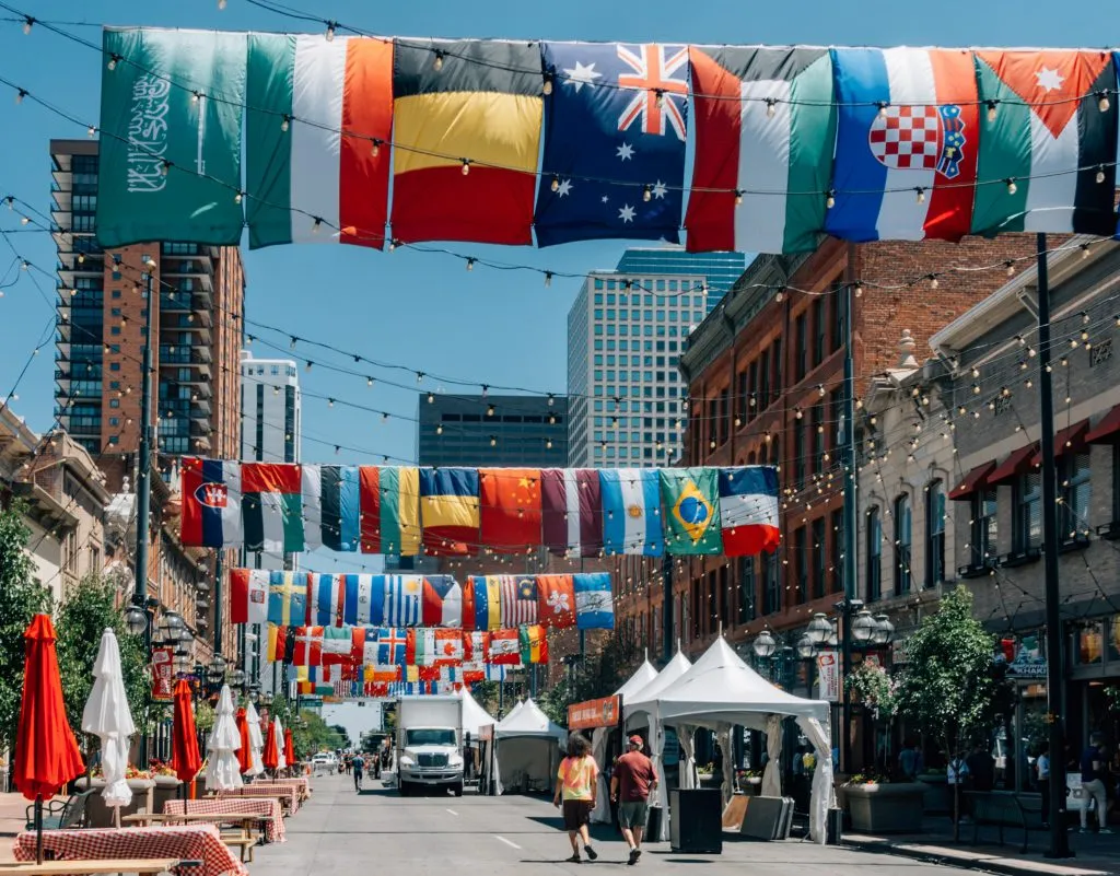 Historic Larimer Square street view with restaurants and shops at night in Denver, Colorado