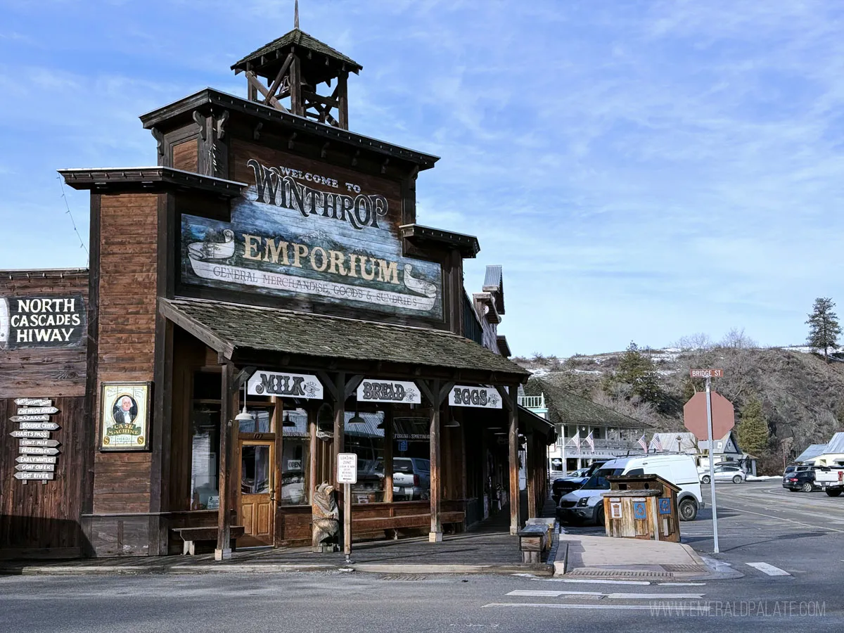 Historic wooden buildings with covered walkways in downtown Winthrop, WA