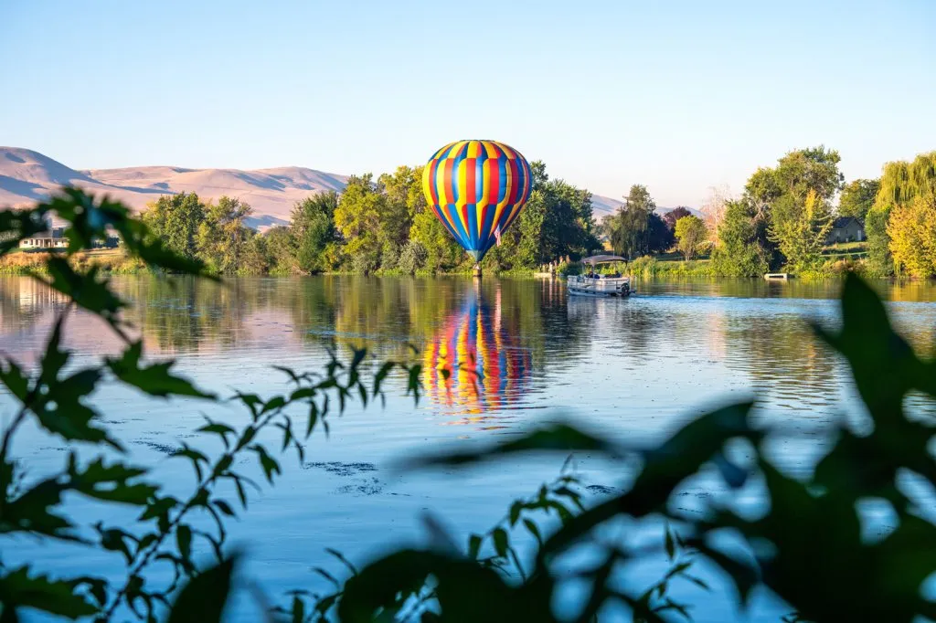 Hot air balloons preparing for launch at sunrise