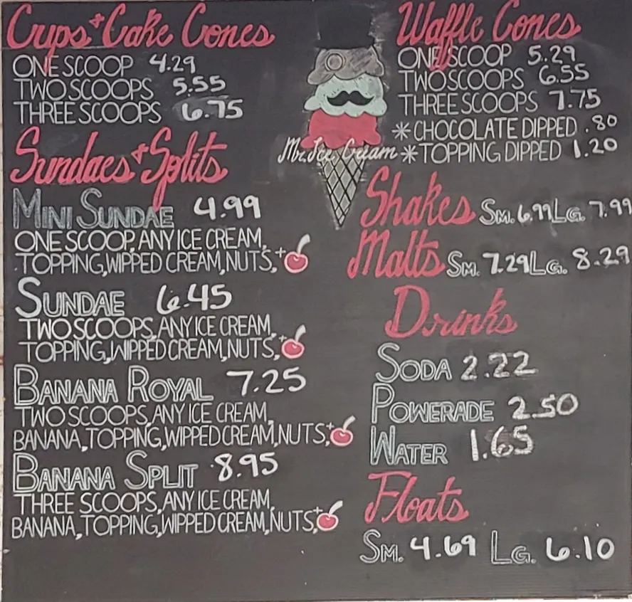 Ice cream menu: Cones, Sundaes and Splits, Shakes, Malts available at Mr Ice Cream