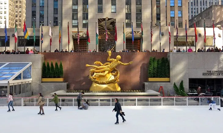 Ice skating rink at Rockefeller Center during winter, a highlight among famous places in New York