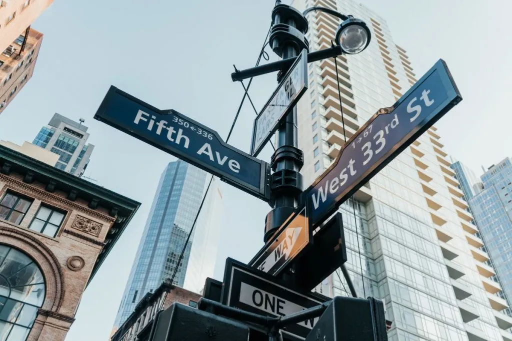 Iconic street signs in Midtown Manhattan near Fifth Avenue shopping