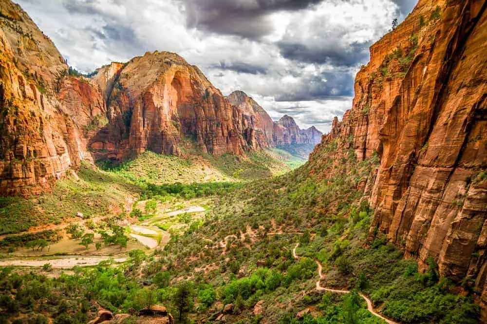 Iconic view of Zion Canyon with towering red rock cliffs and the Virgin River