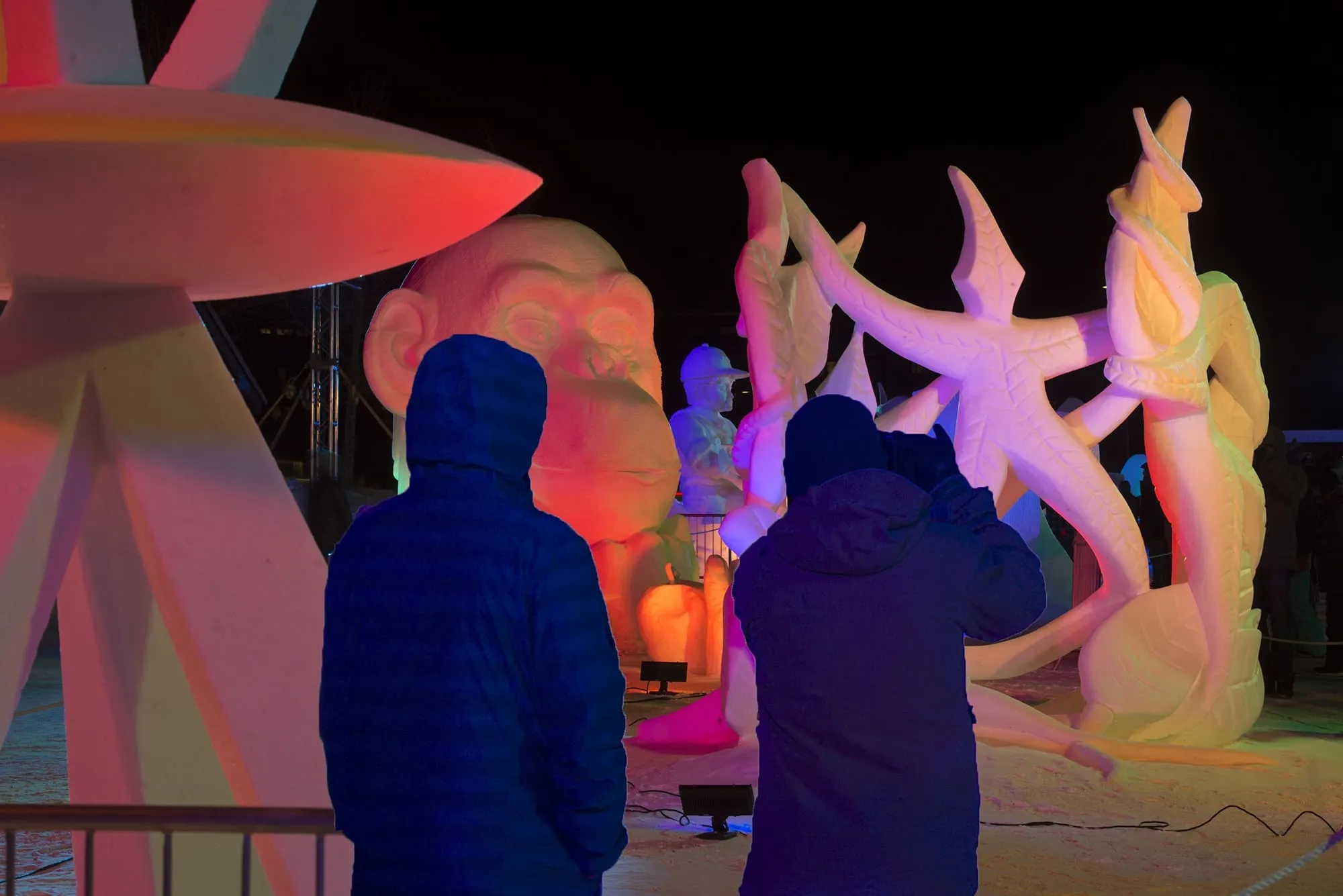 Illuminated snow sculptures at the International Snow Sculpture Championships in Breckenridge Colorado