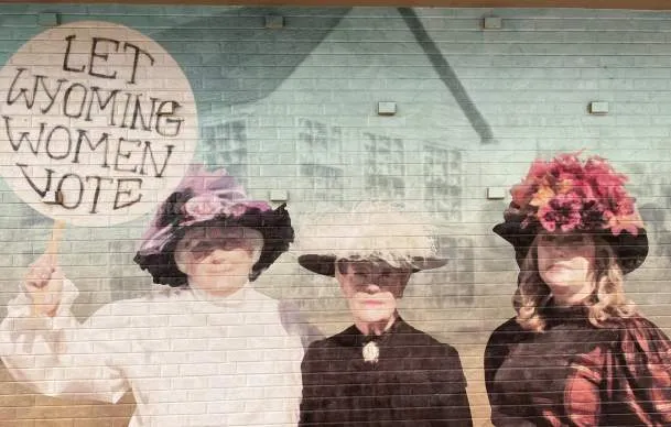 Image of a diverse group of women, referencing historic sites and legacies of Wyoming women