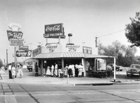 Image of The Hat restaurant sign, a Southern California eatery famous for its pastrami dip and also known for serving pastrami burgers.