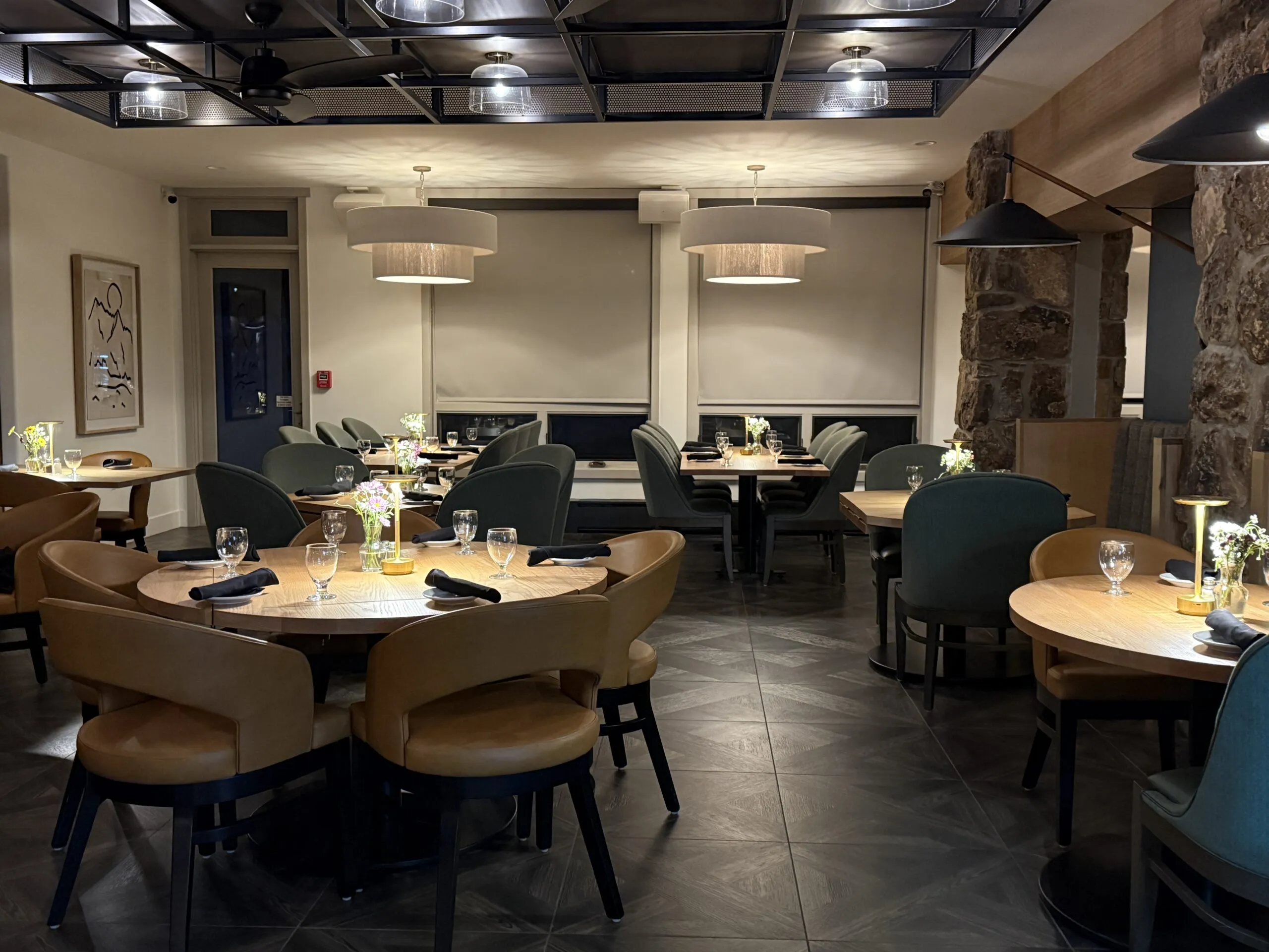 Interior dining area at Heather's in Snowmass with live music stage