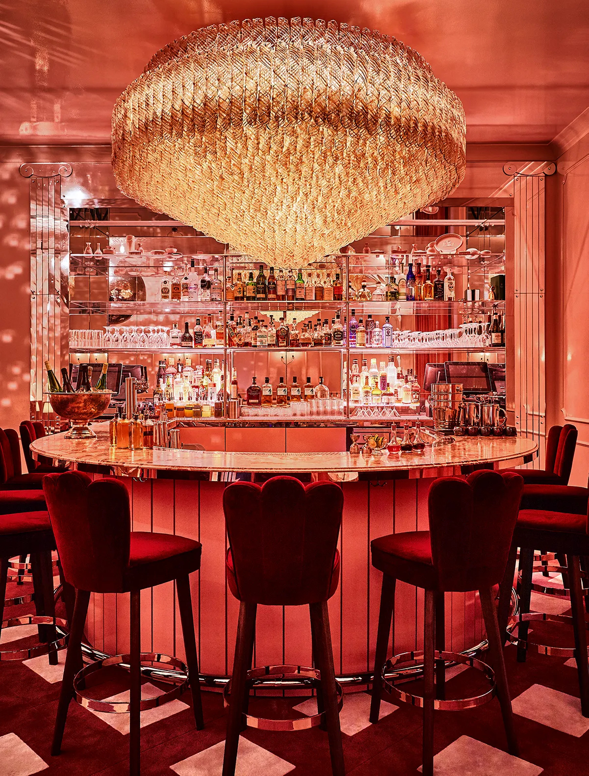Interior view of The Candy Bar at the Siren Hotel, featuring pink decor