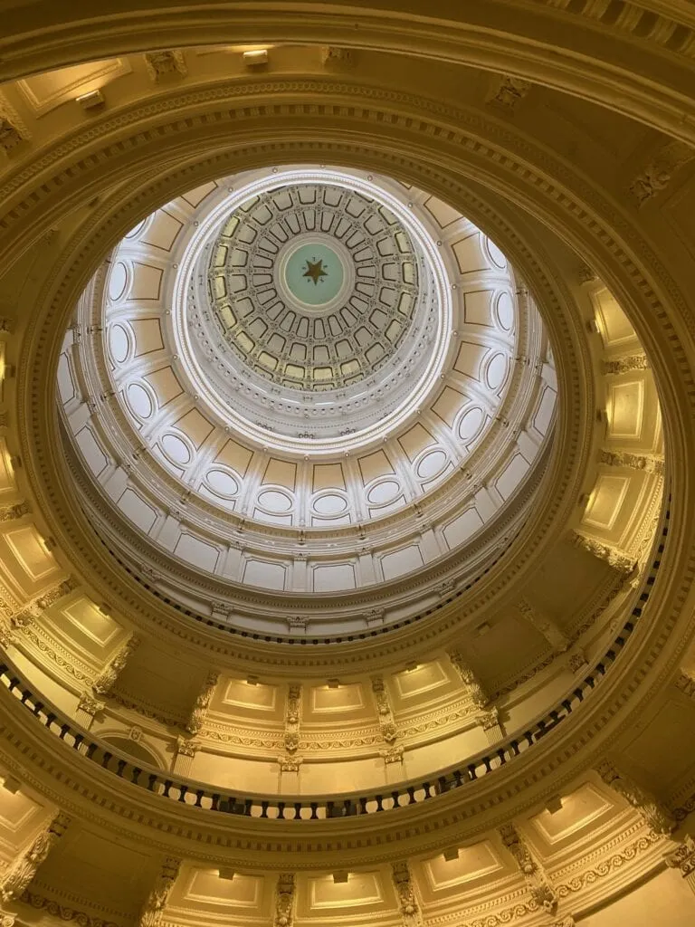 Intricate details of the domed ceiling inside the Texas State Capitol building in Austin.