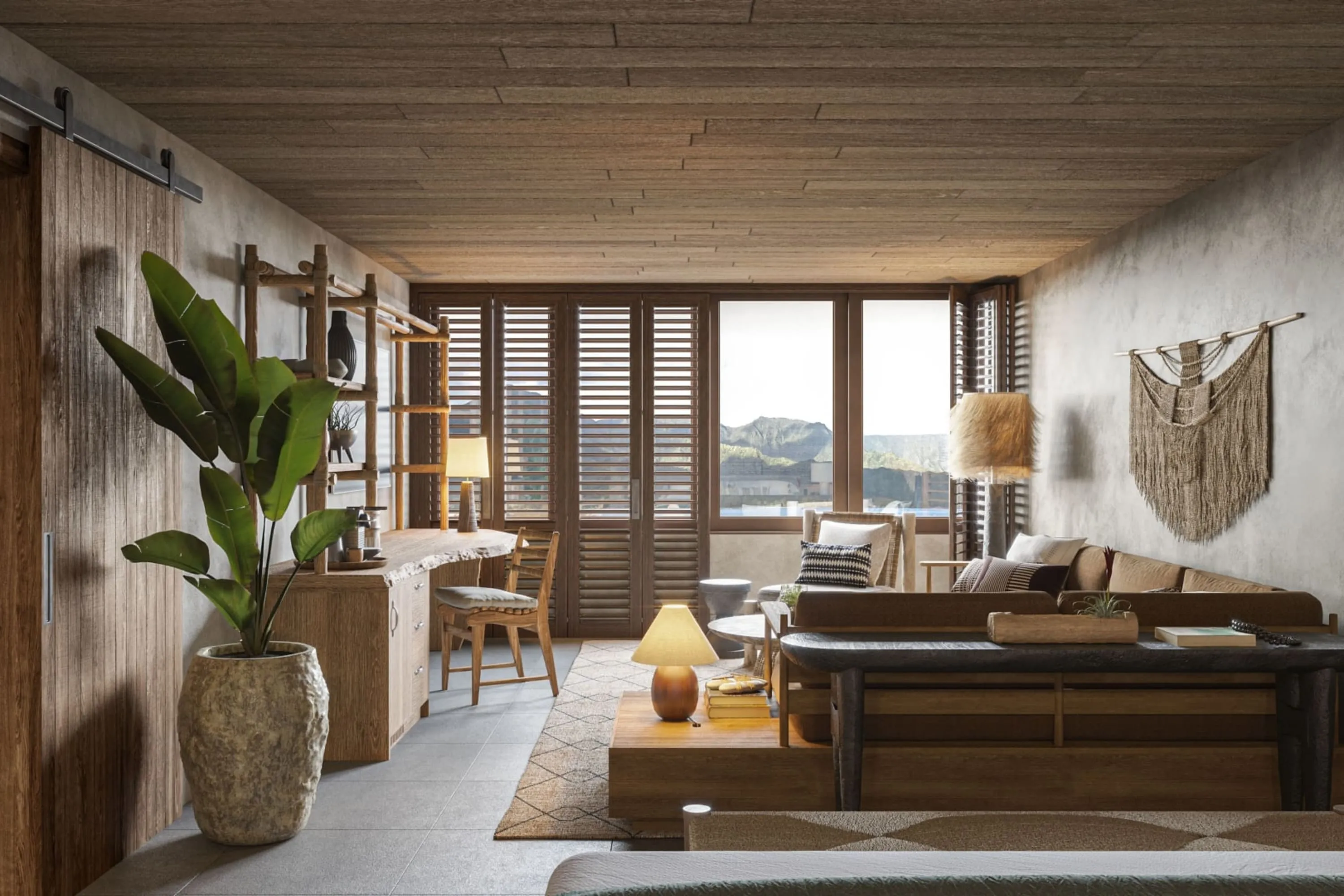Island-inspired luxe decor fill a room with hardwood ceilings, shutters and other accents