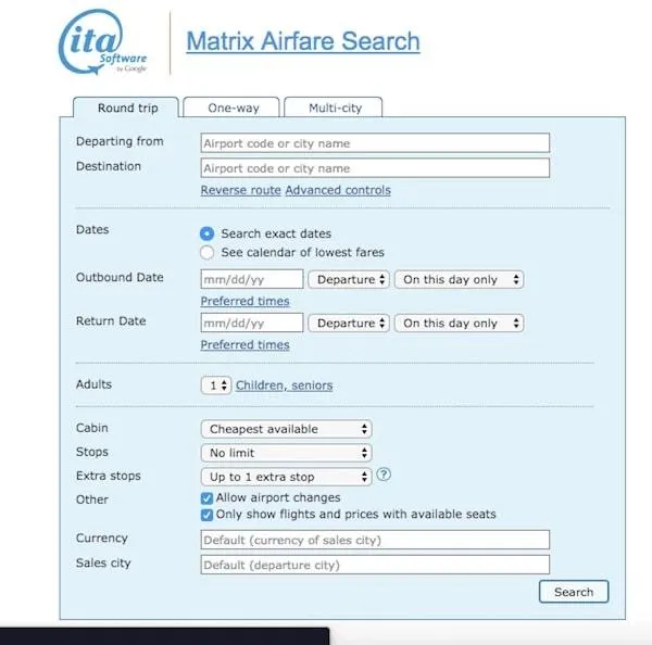 ITA Matrix Airfare Search - A powerful Travel Tip Site for complex flight searches