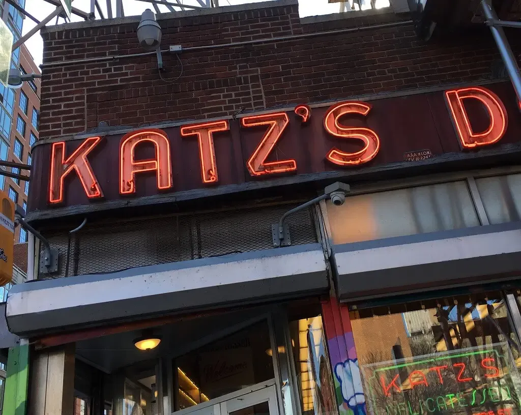 Katz's Delicatessen sign on the Lower East Side, a famous place to eat in New York