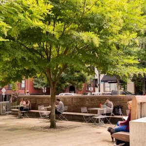 Kids playing in the fountain at Jamison Square in Portland's Pearl District