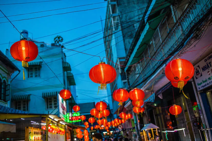 Lanterns illuminate a street scene during the Autumn Festival In Vietnam