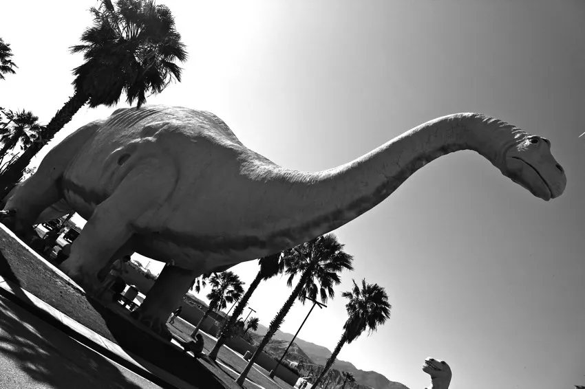 Large fiberglass dinosaur sculptures, a Brontosaurus and a Tyrannosaurus Rex