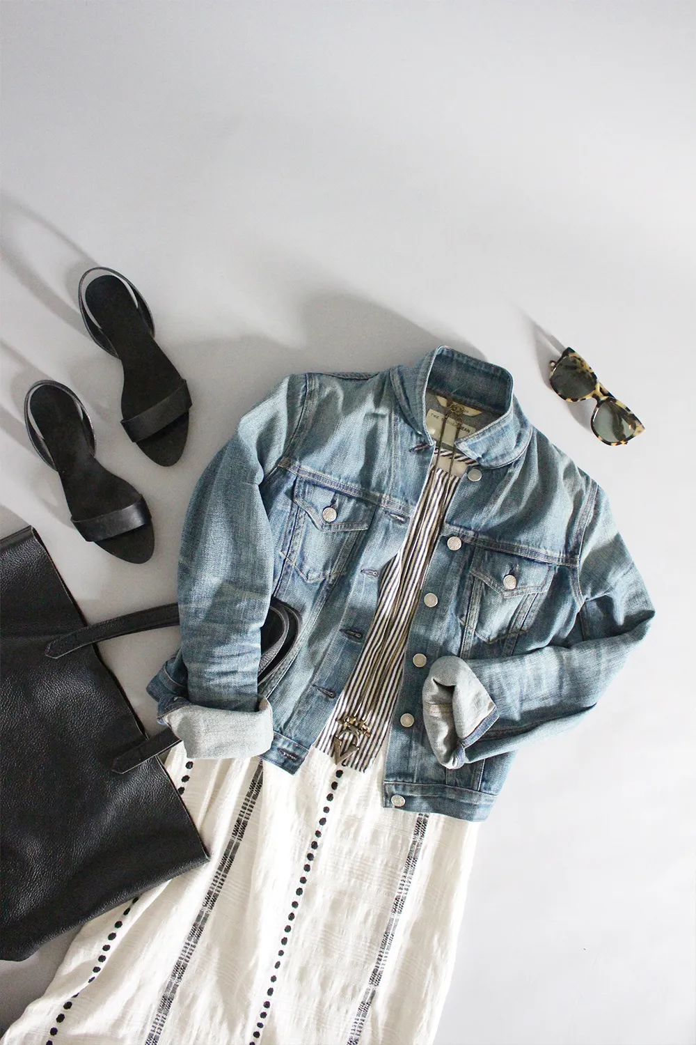 Layered outfit with denim jacket, sweater, and black pants