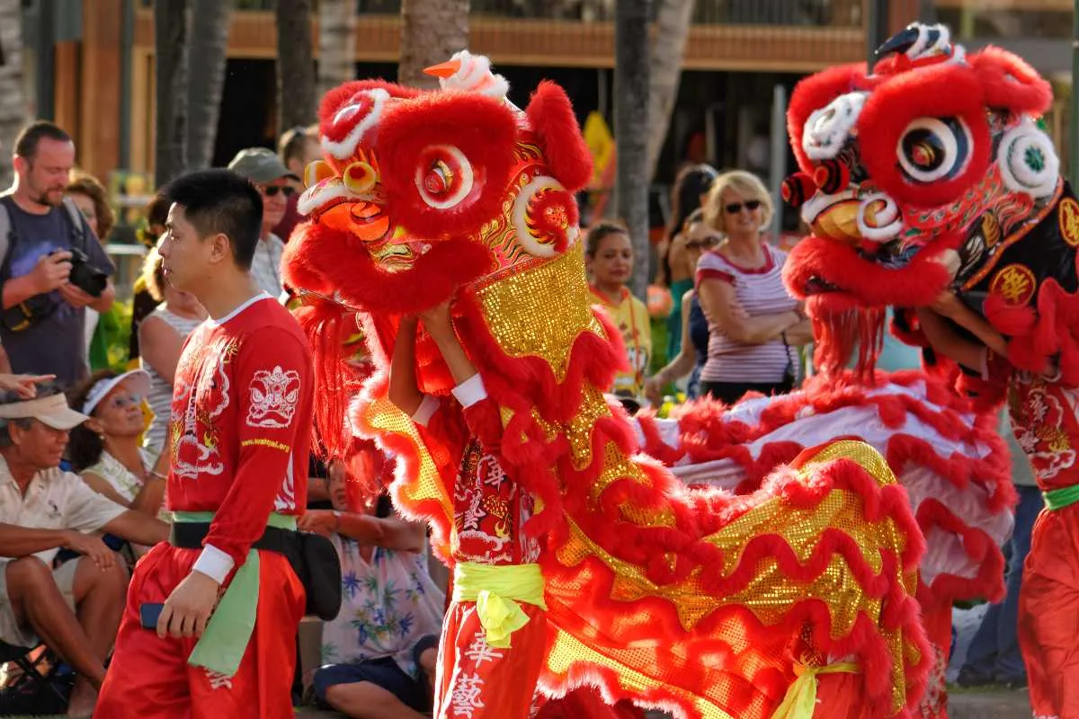 Lion dance performance during a street festival