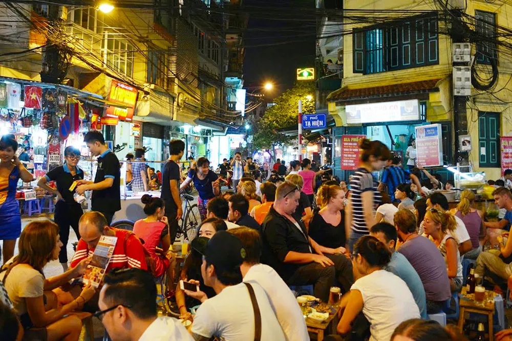 Lively night scene on Ta Hien Street (Beer Street) in Hanoi's Old Quarter