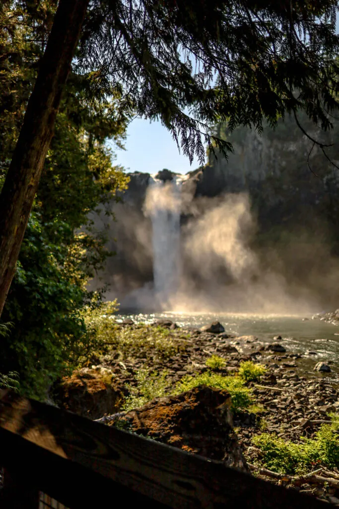 Lower viewpoint of Snoqualmie Falls near Seattle, cascading through trees