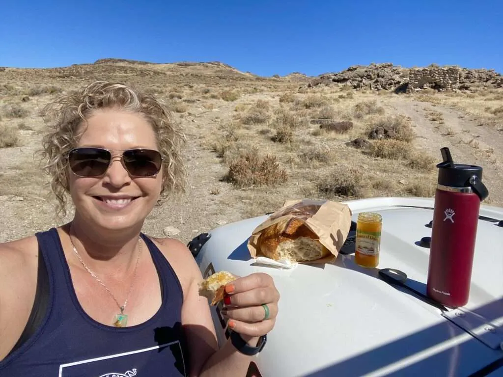 Lunch spread laid out on the hood of a vehicle near the Amedee kiln