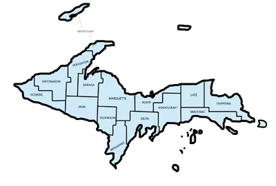 Map of Michigan's Upper Peninsula region for safe fish guidelines, relevant when considering what fish to eat in Michigan